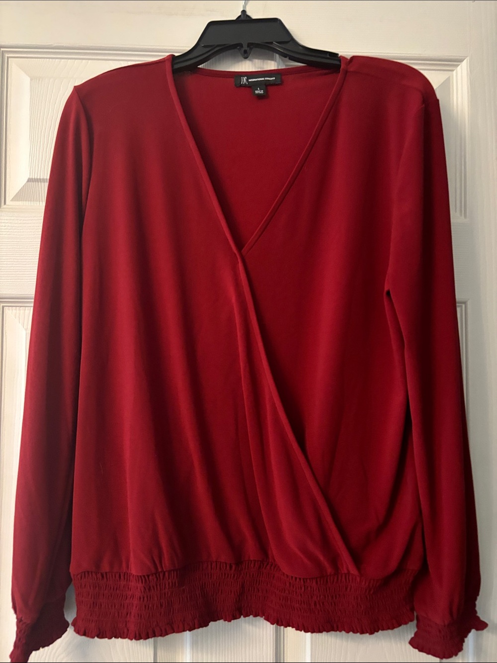 INC International Concepts Red Faux-Wrap Long Sleeve Blouse